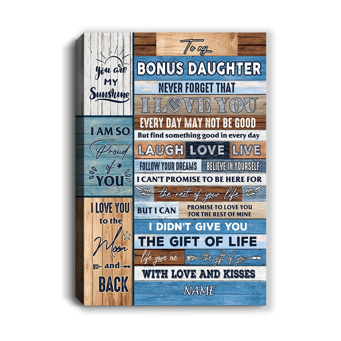 Personalized To My Bonus Daughter Canvas From Mom Dad I Love You Wood Stepdaughter Birthday Christmas Thanksgiving Graduation Custom Wall Art Print Framed Canvas | siriusteestore