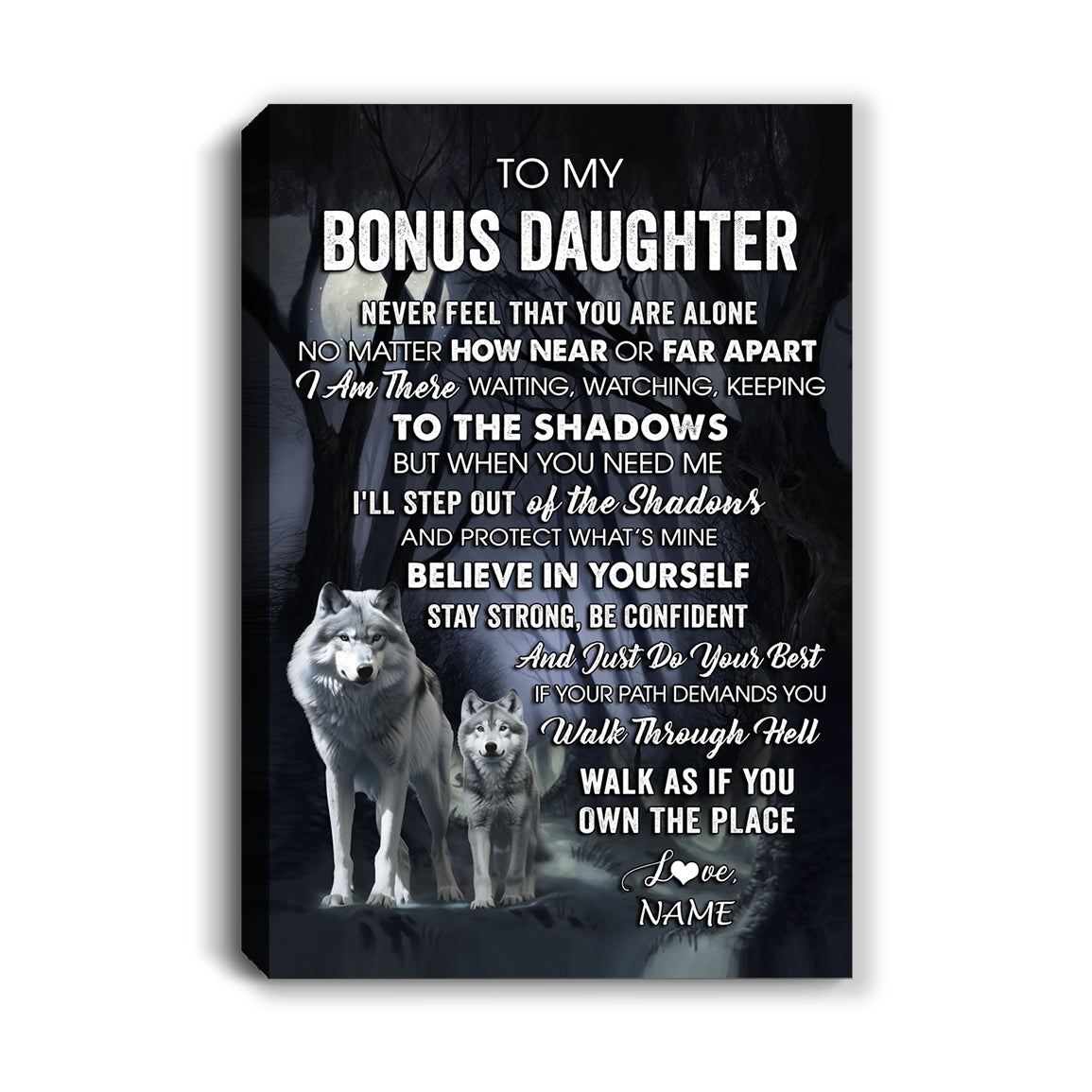 Personalized To My Bonus Daughter Canvas From Step Mom Dad Never Feel That You Are Alone Wolf Stepdaughter Birthday Gifts Christmas Custom Wall Art Print Framed Canvas | siriusteestore