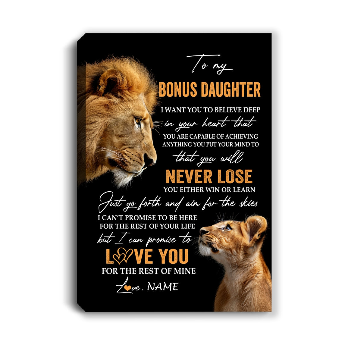Personalized To My Bonus Daughter Canvas From Stepdad Dad You Will Never Lose Lion Stepdaughter Birthday Gifts Christmas Custom Wall Art Print Framed Canvas | siriusteestore
