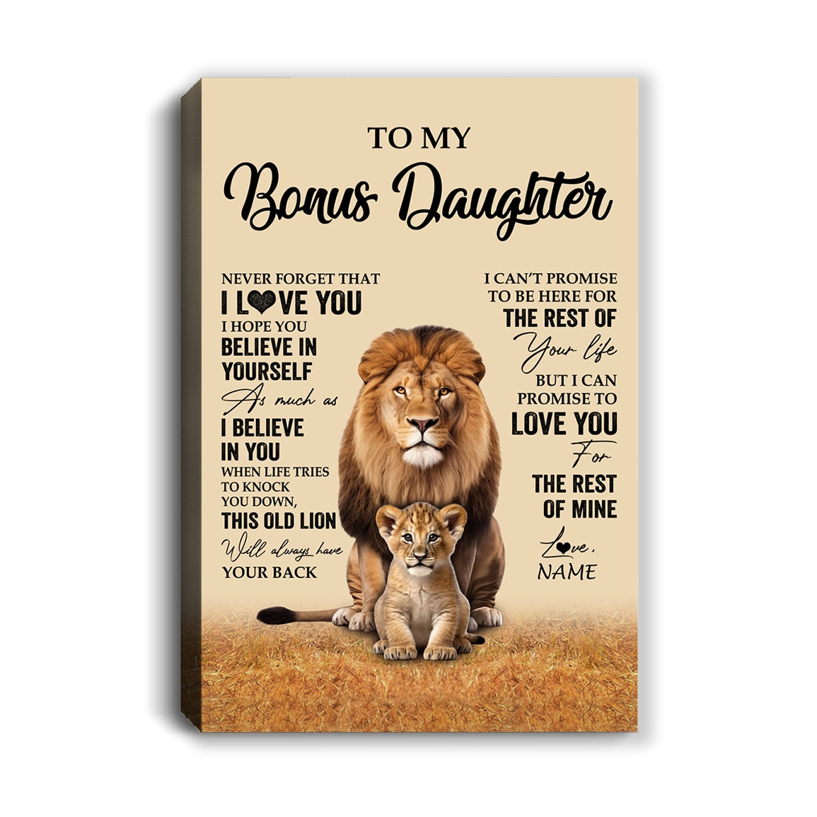 Personalized To My Bonus Daughter Canvas From Stepdad Lion Never Forget That I Love You Stepdaughter Birthday Gifts Christmas Custom Wall Art Print Framed Canvas | siriusteestore