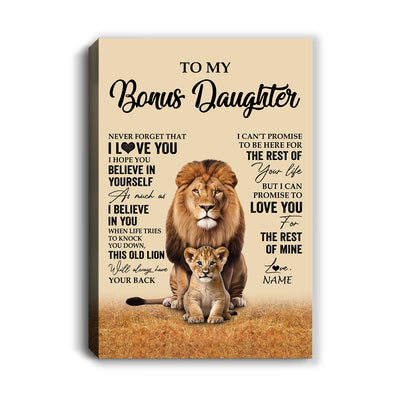 Personalized To My Bonus Daughter Canvas From Stepdad Lion Never Forget That I Love You Stepdaughter Birthday Gifts Christmas Custom Wall Art Print Framed Canvas | siriusteestore