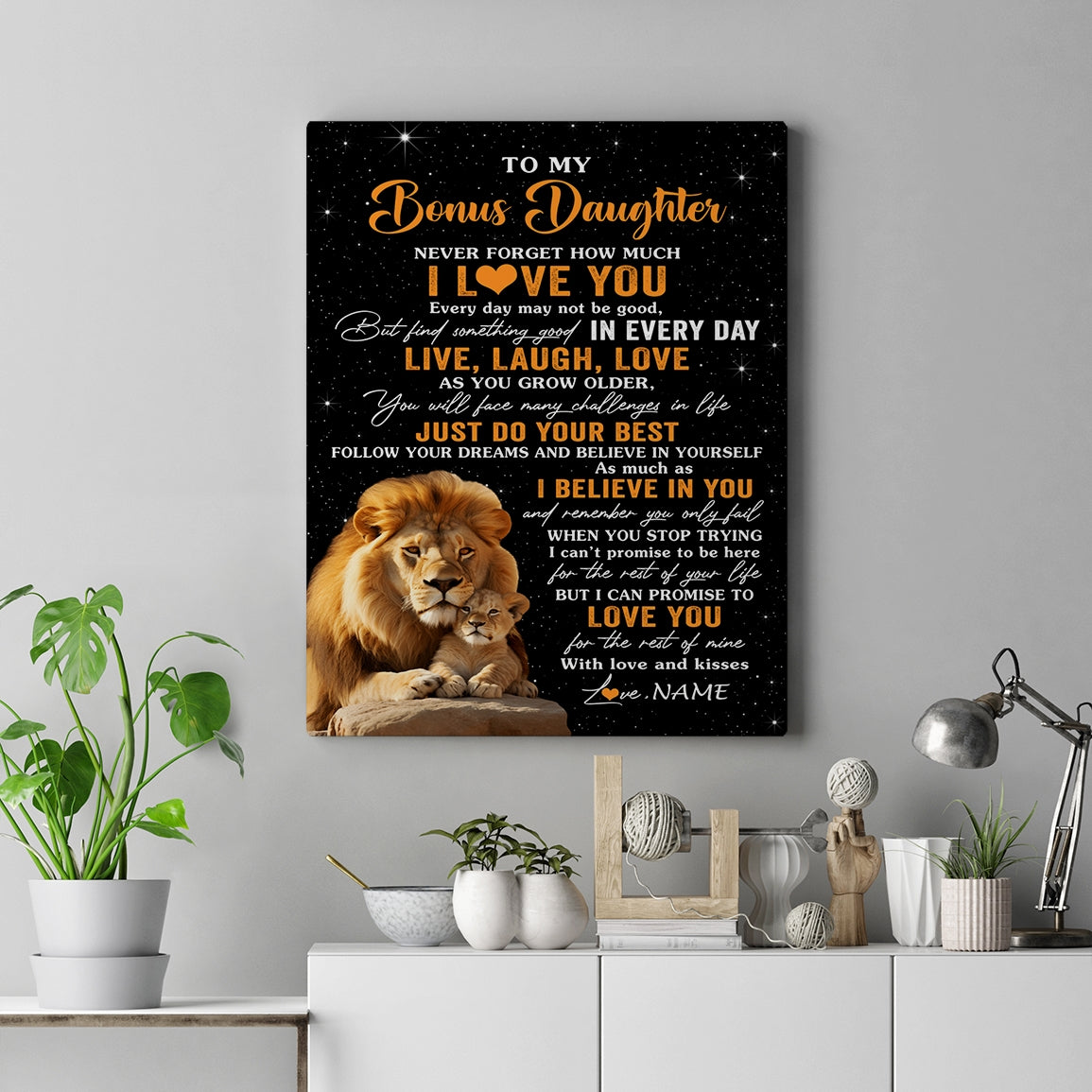 Personalized To My Bonus Daughter Canvas From Stepdad Live Laugh Love Lion Stepdaughter Birthday Gifts Positive Graduation Christmas Custom Wall Art Print Framed Canvas | siriusteestore