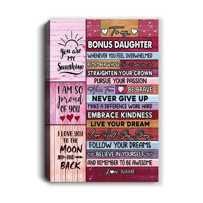 Personalized To My Bonus Daughter Canvas From Stepmom Believe In Yourself Awesome Pink Wood Stepdaughter Birthday Graduation Christmas Custom Wall Art Print Framed Canvas | siriusteestore