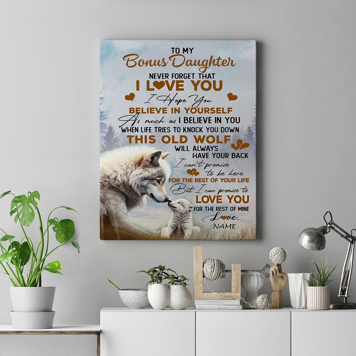 Personalized To My Bonus Daughter Canvas From Stepmom Dad Never Forget That I Love You Wolf Stepdaughter Birthday Gifts Christmas Custom Wall Art Print Framed Canvas | siriusteestore