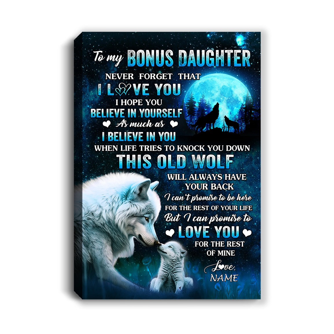 Personalized To My Bonus Daughter Canvas From Stepmom Dad This Old Wolf Love Stepdaughter Birthday Gifts Graduation Christmas Custom Wall Art Print Framed Canvas | siriusteestore