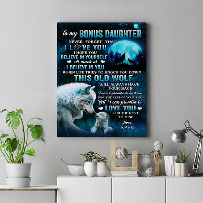 Personalized To My Bonus Daughter Canvas From Stepmom Dad This Old Wolf Love Stepdaughter Birthday Gifts Graduation Christmas Custom Wall Art Print Framed Canvas | siriusteestore