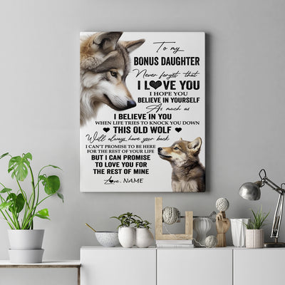 Personalized To My Bonus Daughter Canvas From Stepmom Dad This Old Wolf Love You Stepdaughter Birthday Gifts Graduation Christmas Custom Wall Art Print Framed Canvas | siriusteestore