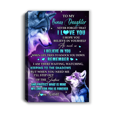 Personalized To My Bonus Daughter Canvas From Stepmom Dad Wolf Moon My Love For You Is Forever Stepdaughter Birthday Gifts Christmas Custom Wall Art Print Framed Canvas | siriusteestore