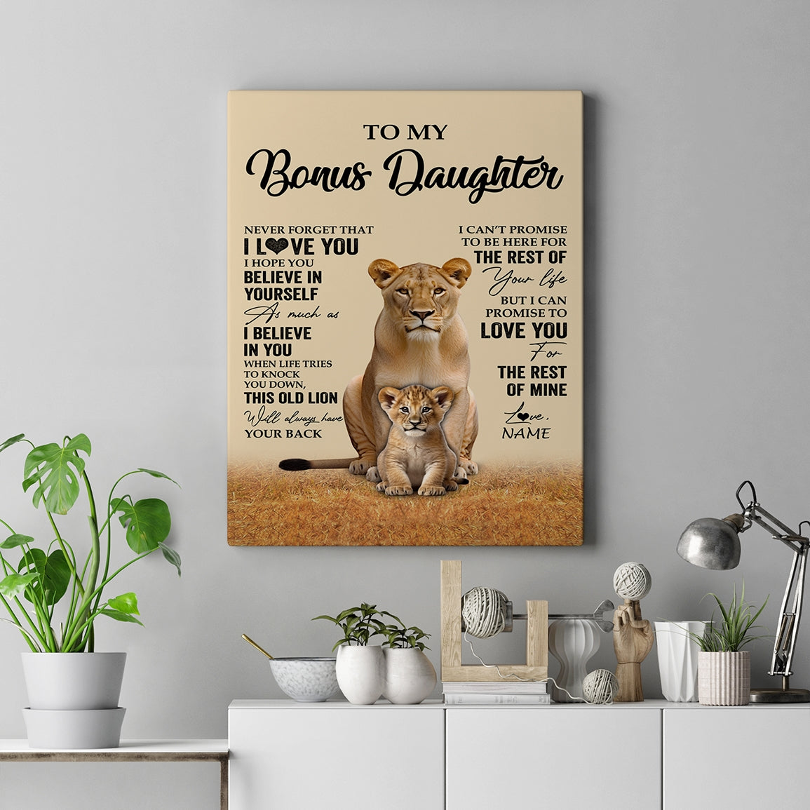 Personalized To My Bonus Daughter Canvas From Stepmom Lion Never Forget That I Love You Stepdaughter Birthday Gifts Christmas Custom Wall Art Print Framed Canvas | siriusteestore
