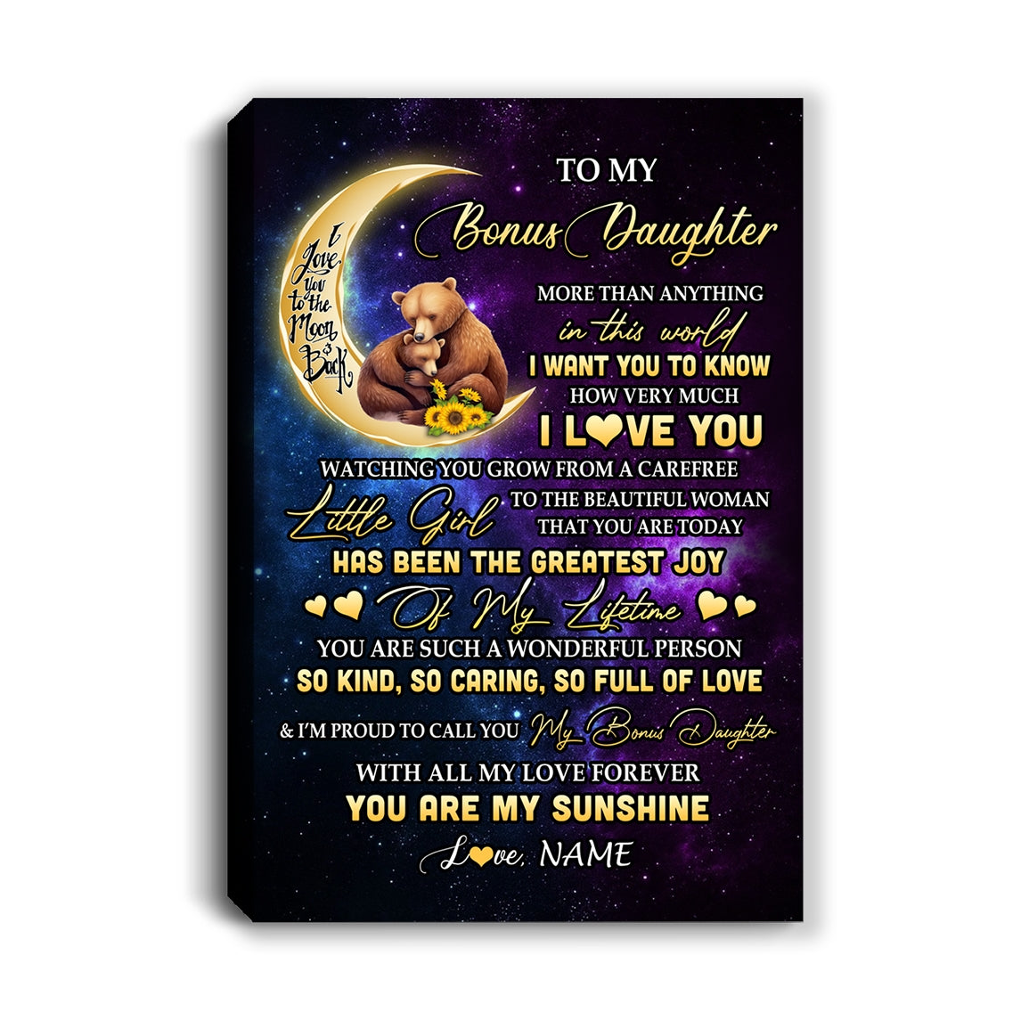 Personalized To My Bonus Daughter Canvas From Stepmom Positive Energy Encourage Brave Little Bear Stepdaughter Birthday Christmas Custom Wall Art Print Framed Canvas | siriusteestore