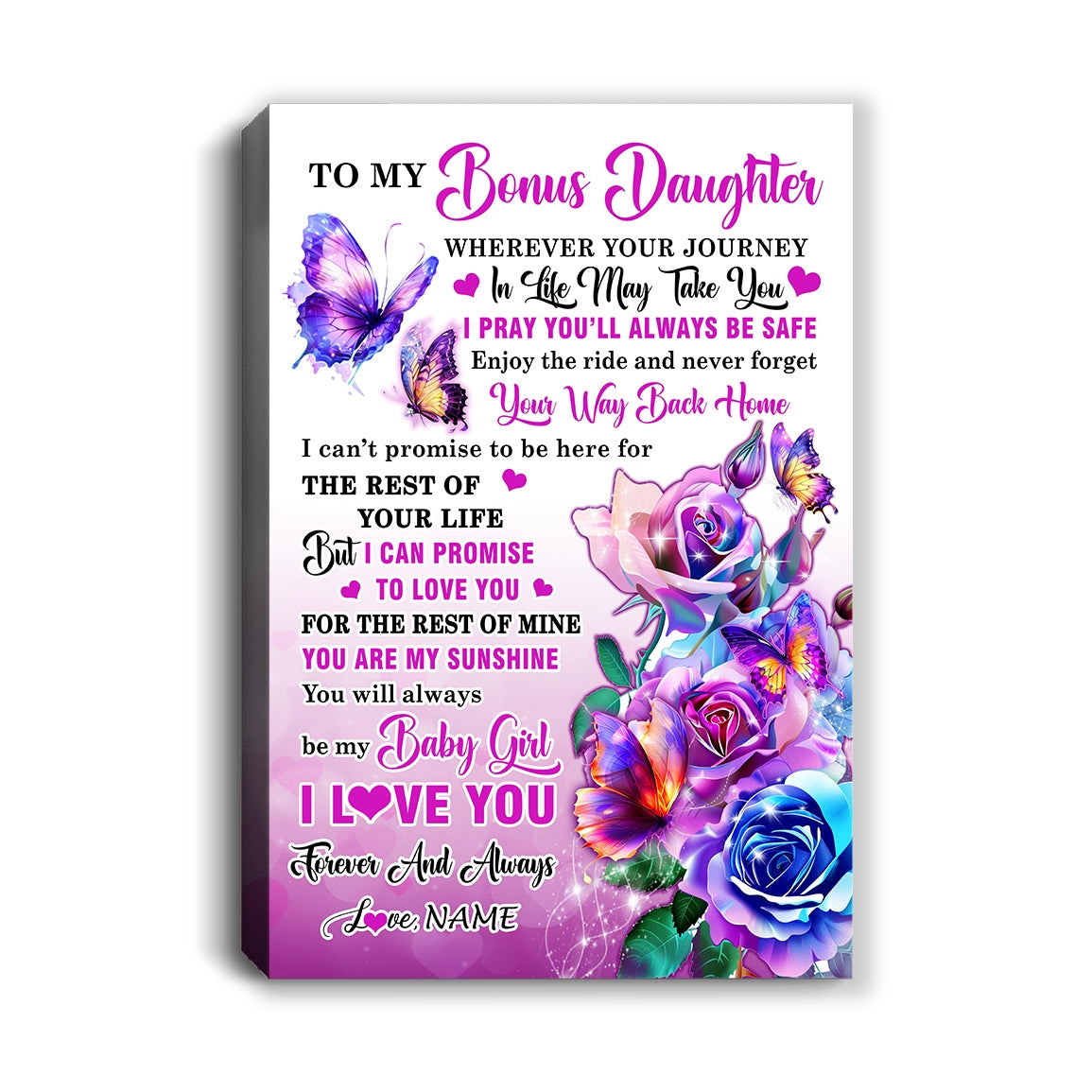 Personalized To My Bonus Daughter Canvas From Stepmom Wherever Your Journey In Life Butterfly Stepdaughter Birthday Gifts Christmas Custom Wall Art Print Framed Canvas | siriusteestore