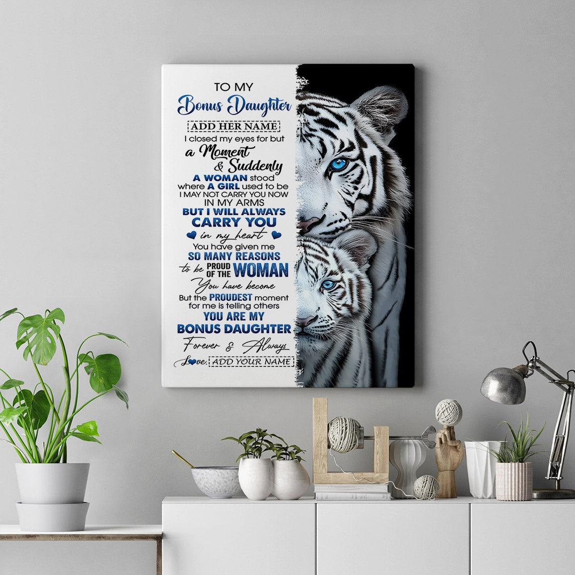 Personalized To My Bonus Daughter Canvas From Stepmother Dad I Close My Eyes White Tiger Stepdaughter Birthday Gift Graduation Christmas Custom Art Framed Canvas | siriusteestore