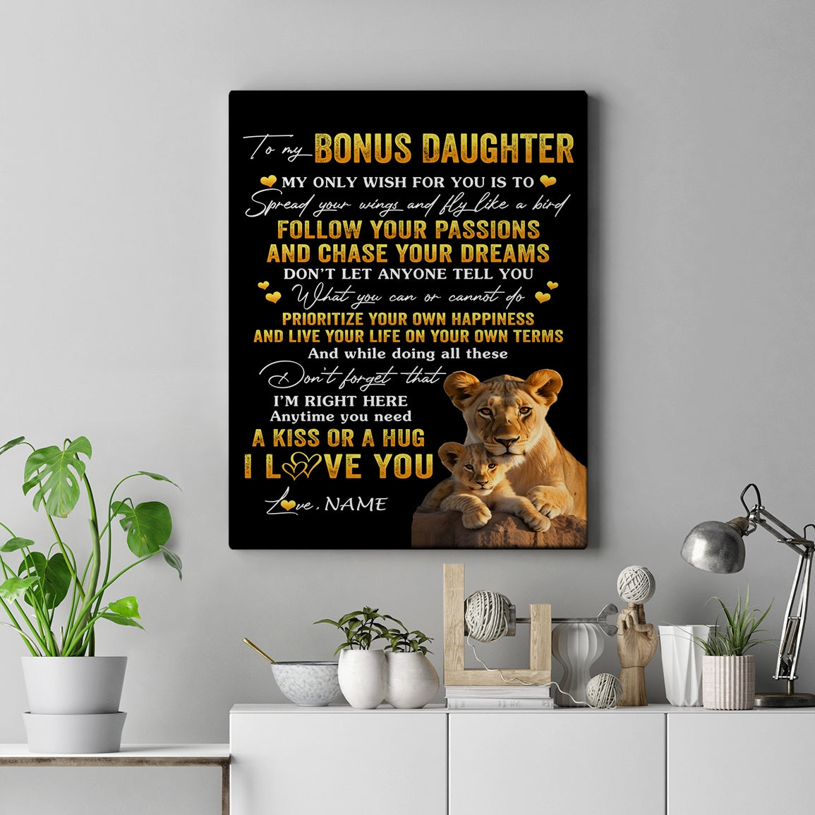 Personalized To My Bonus Daughter Canvas From Stepmother Lion My Only Wish For You Stepdaughter Birthday Gifts Graduation Christmas Custom Wall Art Print Framed Canvas | siriusteestore