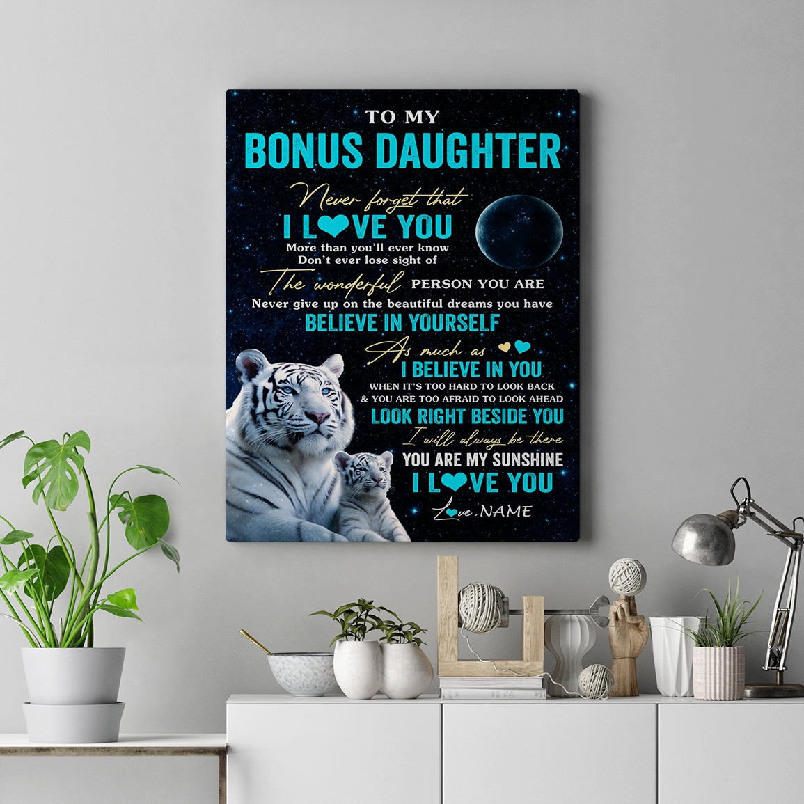Personalized To My Bonus Daughter Canvas From Stepmother Never Forget I Love You White Tiger Stepdaughter Birthday Gifts Christmas Custom Wall Art Print Framed Canvas | siriusteestore