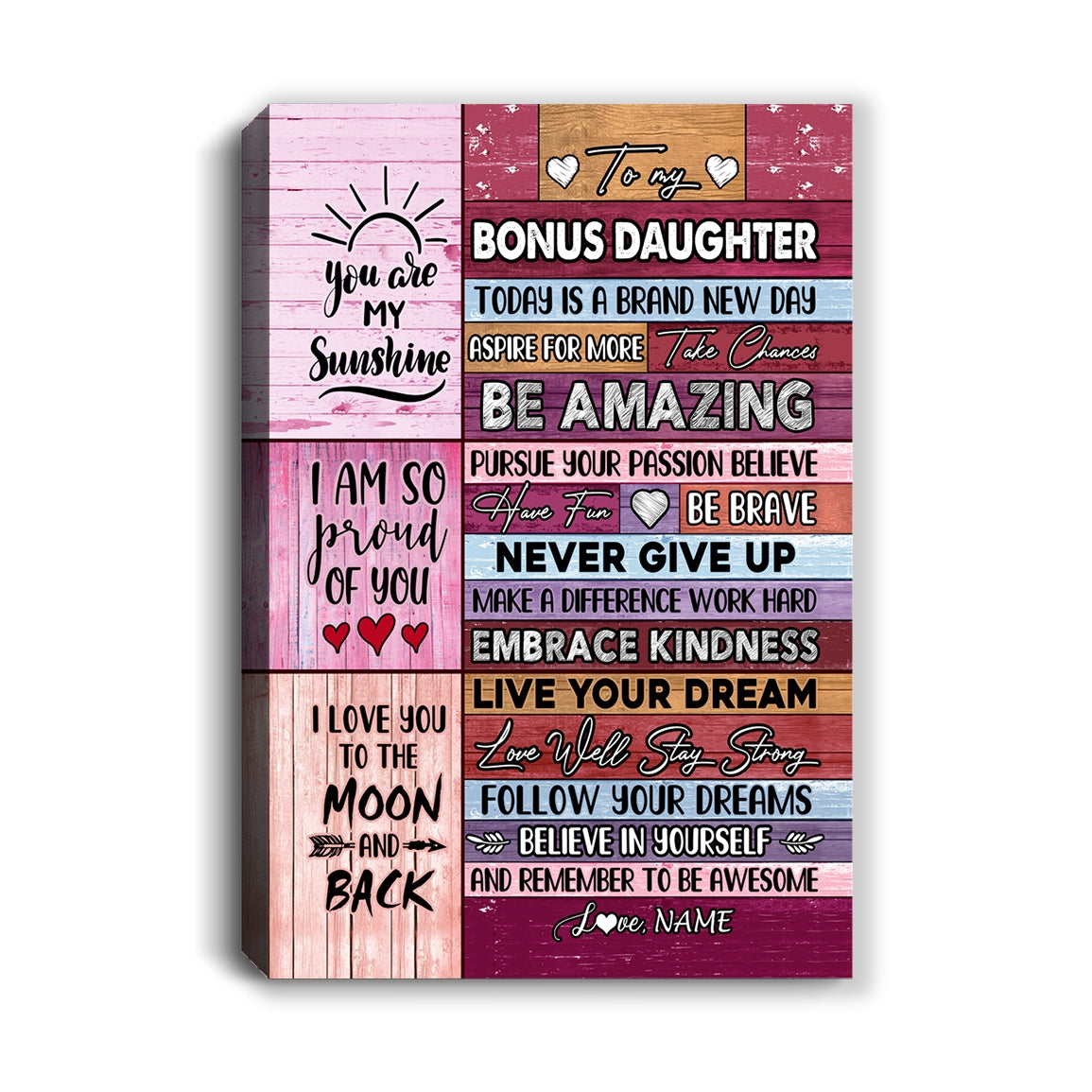 Personalized To My Bonus Daughter Canvas From Stepmother Never Give Up Live Your Dream Pink Wood Stepdaughter Birthday Christmas Custom Wall Art Print Framed Canvas | siriusteestore
