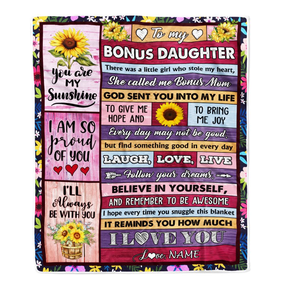 Personalized To My Bonus Daughter From Bonus Mom Blanket Wood Sunflower Little Girl Birthday Gifts Stepdaughter Graduation Christmas Customized Fleece Blanket | siriusteestore