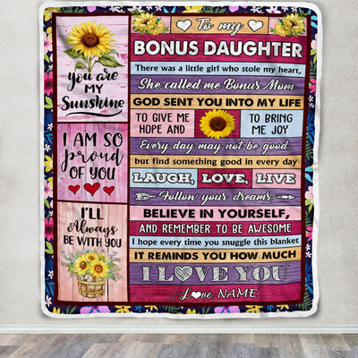 Personalized To My Bonus Daughter From Bonus Mom Blanket Wood Sunflower Little Girl Birthday Gifts Stepdaughter Graduation Christmas Customized Fleece Blanket | siriusteestore