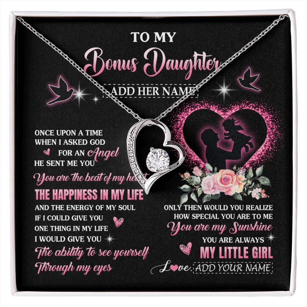 Forever Love Necklace 14K White Gold Finish | 1 | Personalized To My Bonus Daughter From Stepdad Necklace Once Upon A Time Birthday Graduation Gifts For Stepdaughter Christmas Custom Gift Box Message Card | siriusteestore.myshopify