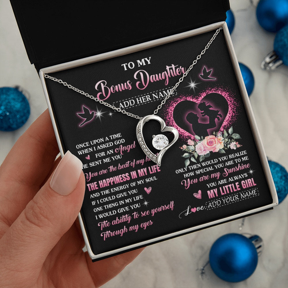 Forever Love Necklace 14K White Gold Finish | 2 | Personalized To My Bonus Daughter From Stepdad Necklace Once Upon A Time Birthday Graduation Gifts For Stepdaughter Christmas Custom Gift Box Message Card | siriusteestore.myshopify