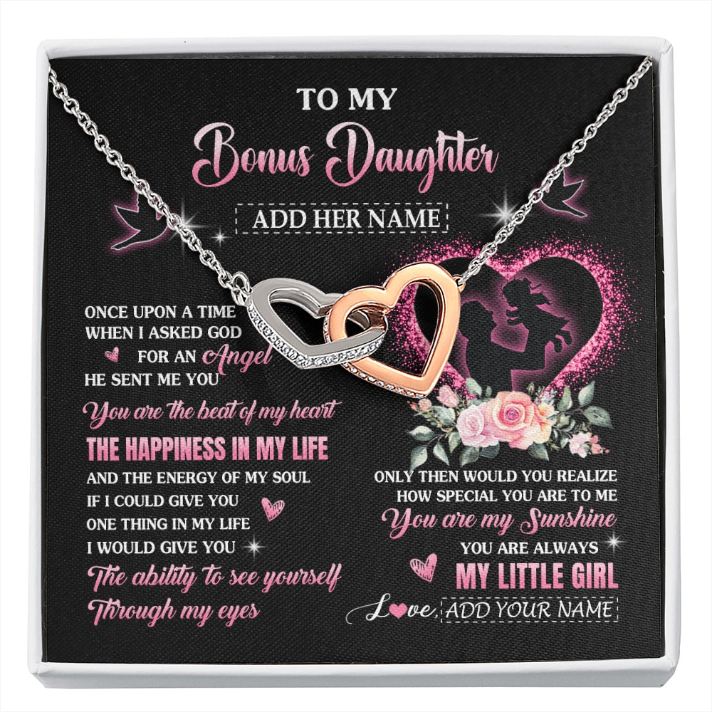 Interlocking Hearts Necklace Stainless Steel & Rose Gold Finish | 1 | Personalized To My Bonus Daughter From Stepdad Necklace Once Upon A Time Birthday Graduation Gifts For Stepdaughter Christmas Custom Gift Box Message Card | siriusteestore.myshopify