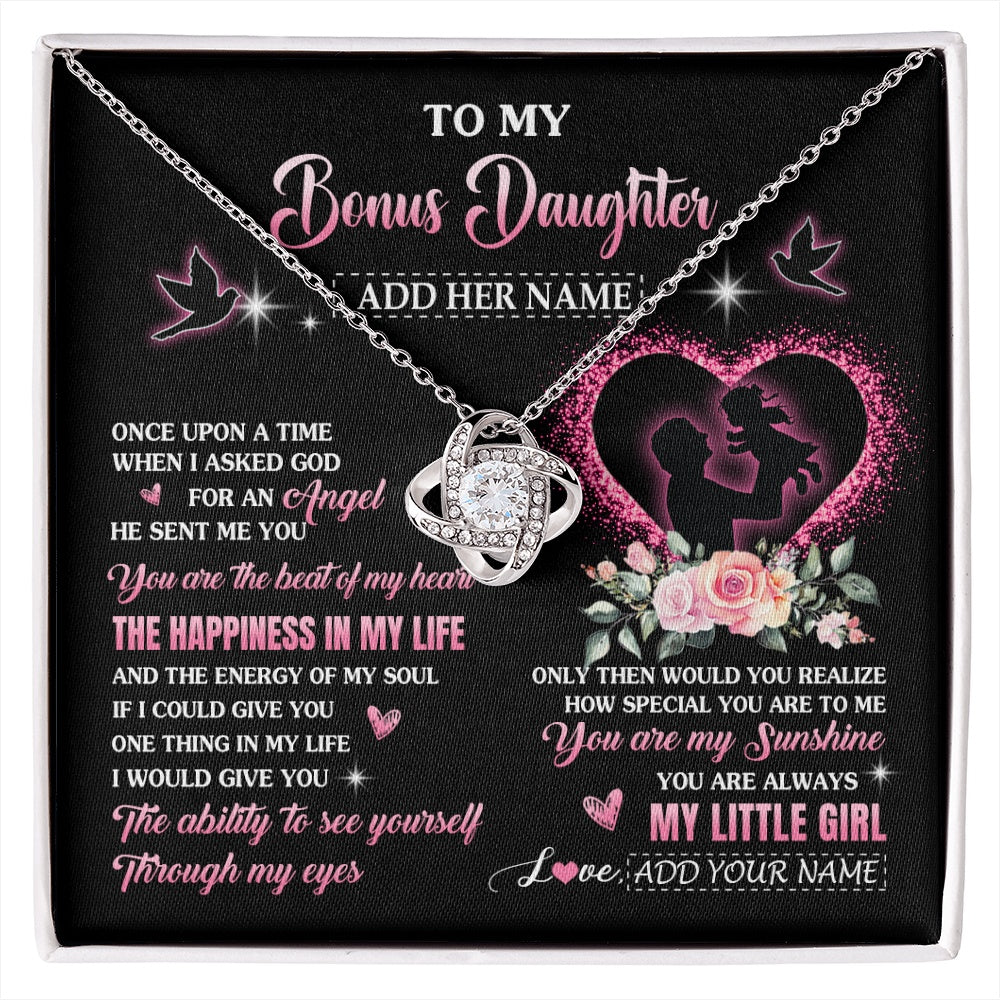 Love Knot Necklace 14K White Gold Finish | 1 | Personalized To My Bonus Daughter From Stepdad Necklace Once Upon A Time Birthday Graduation Gifts For Stepdaughter Christmas Custom Gift Box Message Card | siriusteestore.myshopify