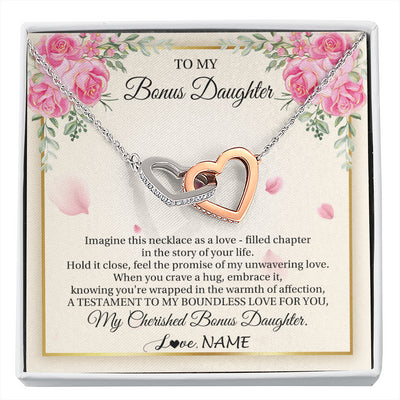 Interlocking Hearts Necklace Stainless Steel & Rose Gold Finish | 1 | Personalized To My Bonus Daughter From Stepmom Imagine This Necklace As A Love Stepddaughter Birthday Jewelry Christmas Customized Gift Box Message Card | siriusteestore
