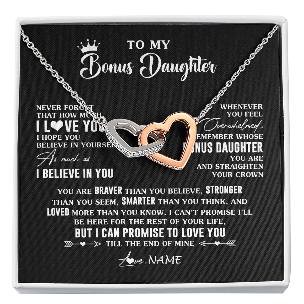 Interlocking Hearts Necklace Stainless Steel & Rose Gold Finish | 1 | Personalized To My Bonus Daughter Gifs From Bonus Mom Necklace How Much I Love You Stepddaughter Birthday Gifts Christmas Customized Gift Box Message Card | siriusteestore