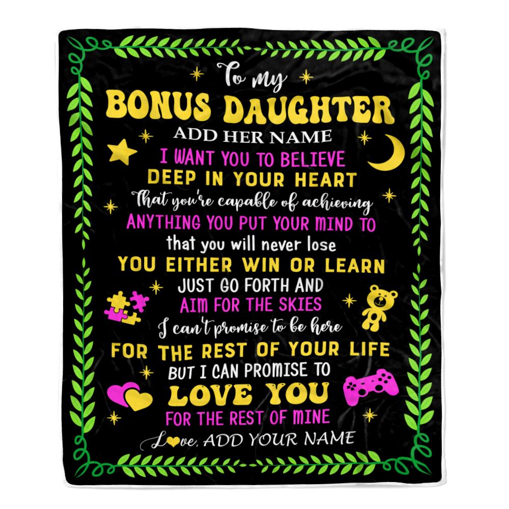 Personalized To My Bonus Daughter Gift Blanket From Stepmother Dad Letter Sleep Cute Stepdaughter Birthday Idea Graduation Christmas Customized Fleece Blanket | siriusteestore