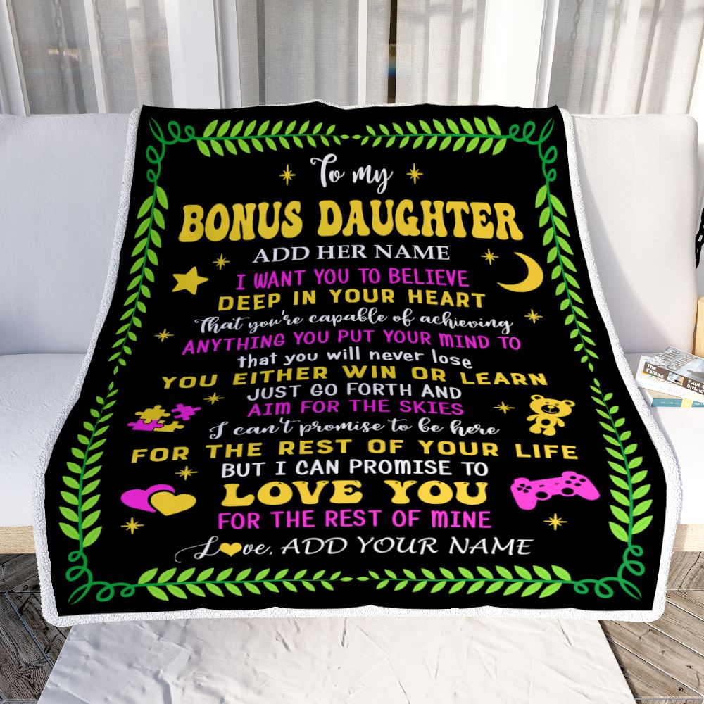Personalized To My Bonus Daughter Gift Blanket From Stepmother Dad Letter Sleep Cute Stepdaughter Birthday Idea Graduation Christmas Customized Fleece Blanket | siriusteestore