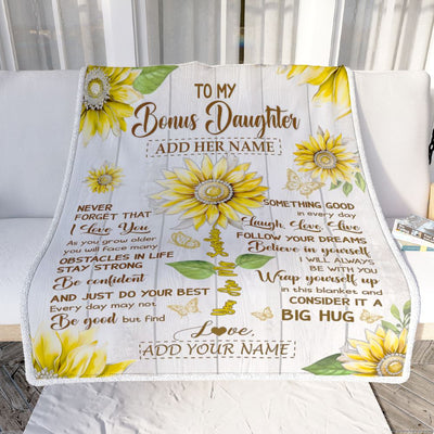 Personalized To My Bonus Daughter Gift Blanket From Stepmother Dad Sunflower Laugh Love Live Stepdaughter Birthday Idea Christmas Customized Fleece Blanket | siriusteestore