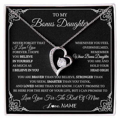 Forever Love Necklace 14K White Gold Finish | 1 | Personalized To My Bonus Daughter Gift From Stepmom Dad Necklace I Love You Believe In You Birthday Gifts Christmas Customized Gift Box Message Card | siriusteestore