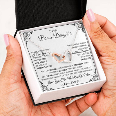 Interlocking Hearts Necklace Stainless Steel & Rose Gold Finish | 2 | Personalized To My Bonus Daughter Gift Necklace From Stepmom Dad I Love You Believe In You Birthday Gifts Christmas Customized Gift Box Message Card | siriusteestore
