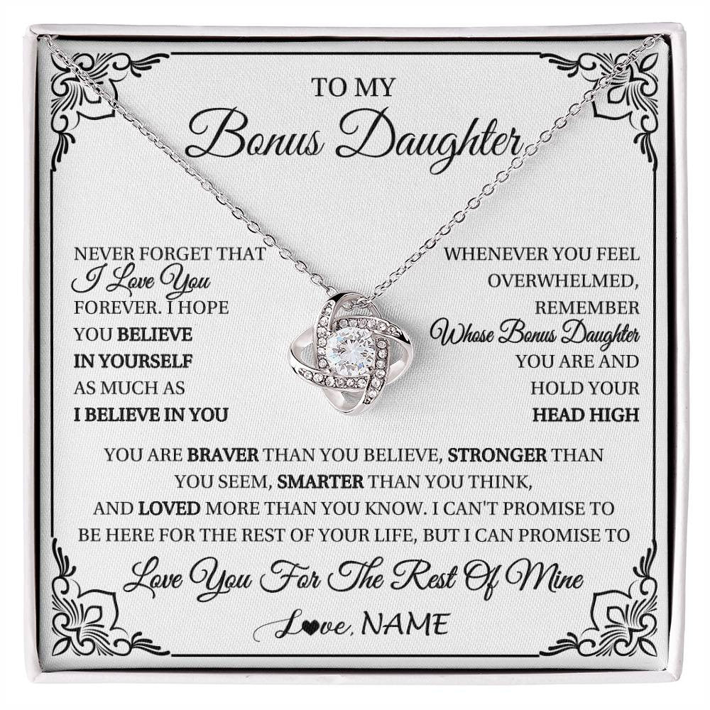 Love Knot Necklace 14K White Gold Finish | 1 | Personalized To My Bonus Daughter Gift Necklace From Stepmom Dad I Love You Believe In You Birthday Gifts Christmas Customized Gift Box Message Card | siriusteestore