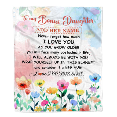Personalized To My Bonus Daughter Gifts Blanket From Step Mom Floral A Big Hug I Love You Stepdaughter Birthday Gifts Graduation Christmas Fleece Blanket | siriusteestore