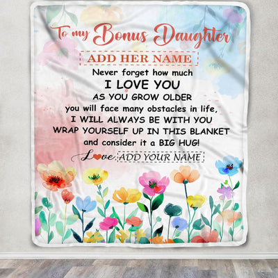 Personalized To My Bonus Daughter Gifts Blanket From Step Mom Floral A Big Hug I Love You Stepdaughter Birthday Gifts Graduation Christmas Fleece Blanket | siriusteestore