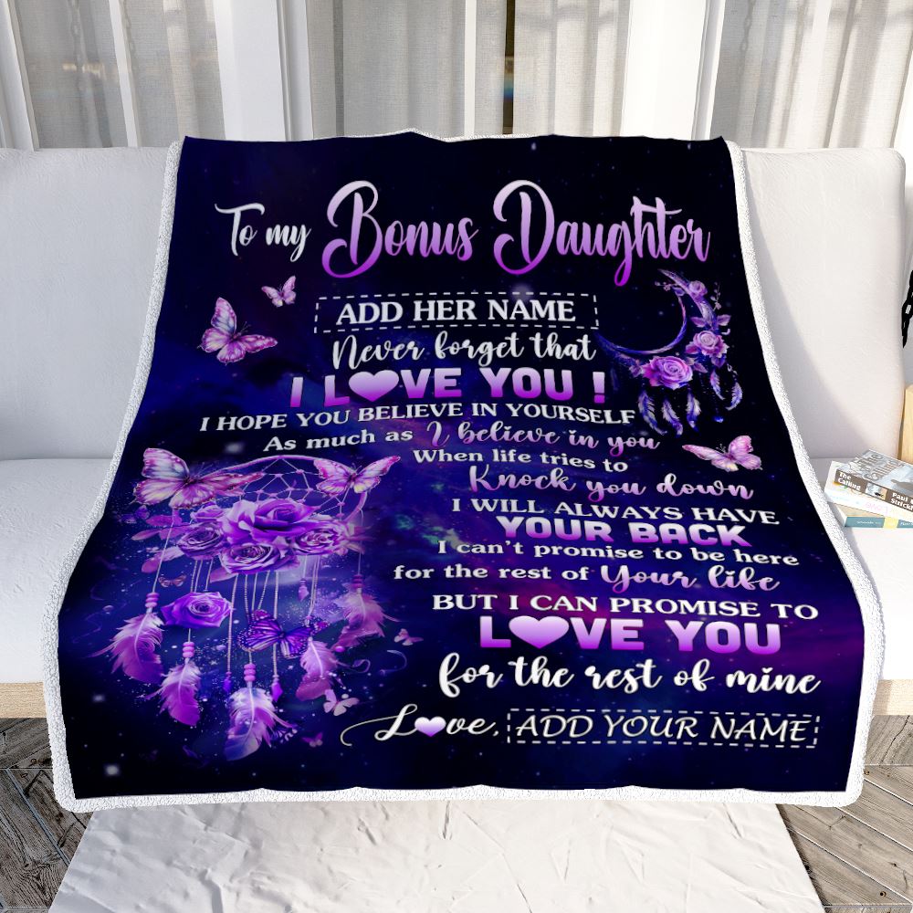 Personalized To My Bonus Daughter Gifts Blanket From Step Mom Floral Butterfly Love You Stepdaughter Birthday Gifts Graduation Christmas Fleece Blanket | siriusteestore