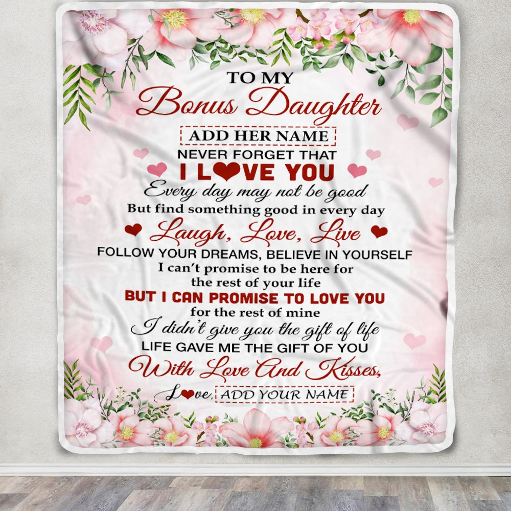 Personalized To My Bonus Daughter Gifts Blanket From Step Mom Floral I Love You Birthday Gifts For Stepdaughter Graduation Christmas Fleece Throw Blanket | siriusteestore
