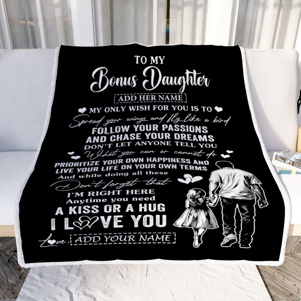 Personalized To My Bonus Daughter Gifts Blanket From Stepdad My Only Wish For You Stepdaughter Birthday Gifts Graduation Christmas Fleece Throw Blanket | siriusteestore