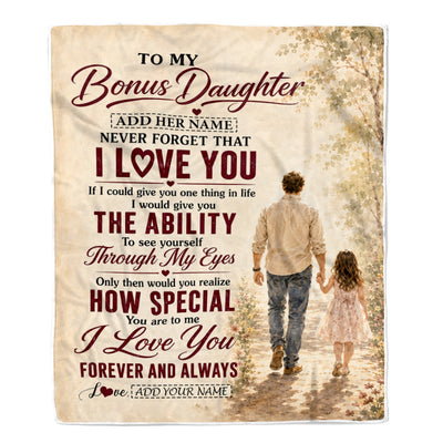 Personalized To My Bonus Daughter Gifts Blanket From Stepdad Stepdaughter Holding Hands Letter Birthday Gift Graduation Christmas Customized Fleece Blanket | siriusteestore