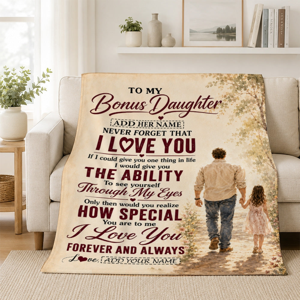 Personalized To My Bonus Daughter Gifts Blanket From Stepdad Stepdaughter Holding Hands Letter Birthday Gift Graduation Christmas Customized Fleece Blanket | siriusteestore