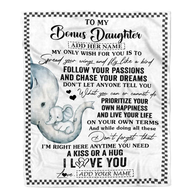 Personalized To My Bonus Daughter Gifts Blanket From Stepmom Elephant My Only Wish For You Stepdaughter Birthday Gifts Graduation Christmas Fleece Blanket | siriusteestore