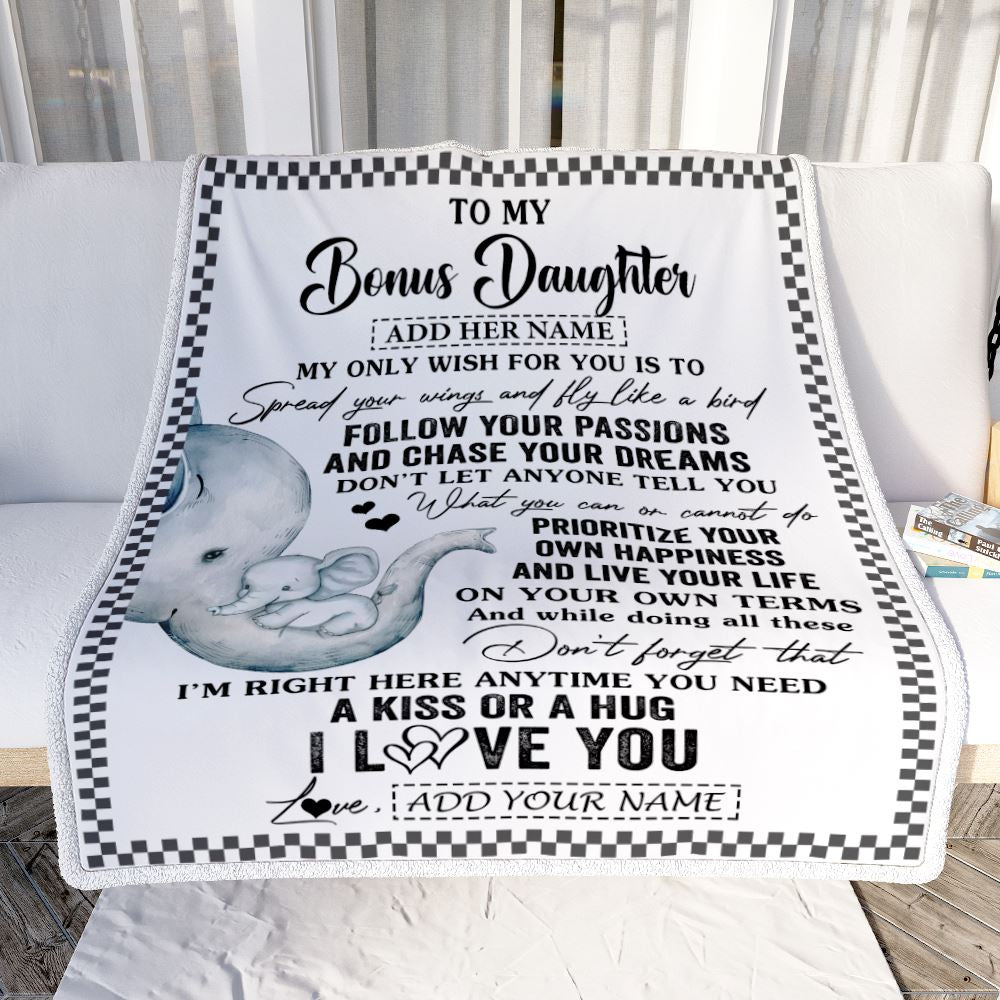 Personalized To My Bonus Daughter Gifts Blanket From Stepmom Elephant My Only Wish For You Stepdaughter Birthday Gifts Graduation Christmas Fleece Blanket | siriusteestore