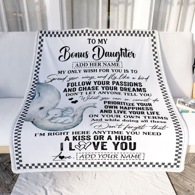 Personalized To My Bonus Daughter Gifts Blanket From Stepmom Elephant My Only Wish For You Stepdaughter Birthday Gifts Graduation Christmas Fleece Blanket | siriusteestore