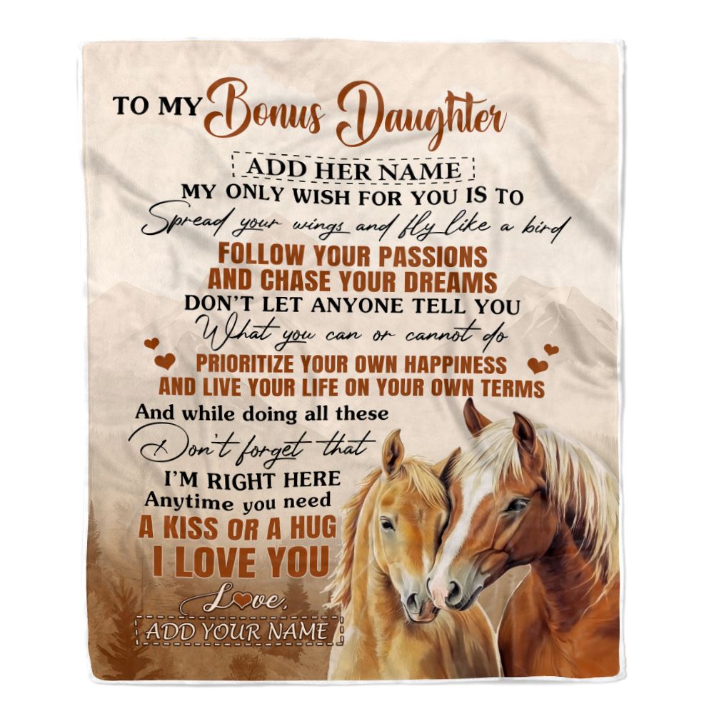 Personalized To My Bonus Daughter Gifts Blanket From Stepmom Horse My Only Wish For You Stepdaughter Birthday Gifts Graduation Christmas Fleece Throw Blanket | siriusteestore
