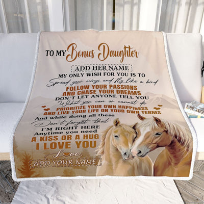Personalized To My Bonus Daughter Gifts Blanket From Stepmom Horse My Only Wish For You Stepdaughter Birthday Gifts Graduation Christmas Fleece Throw Blanket | siriusteestore