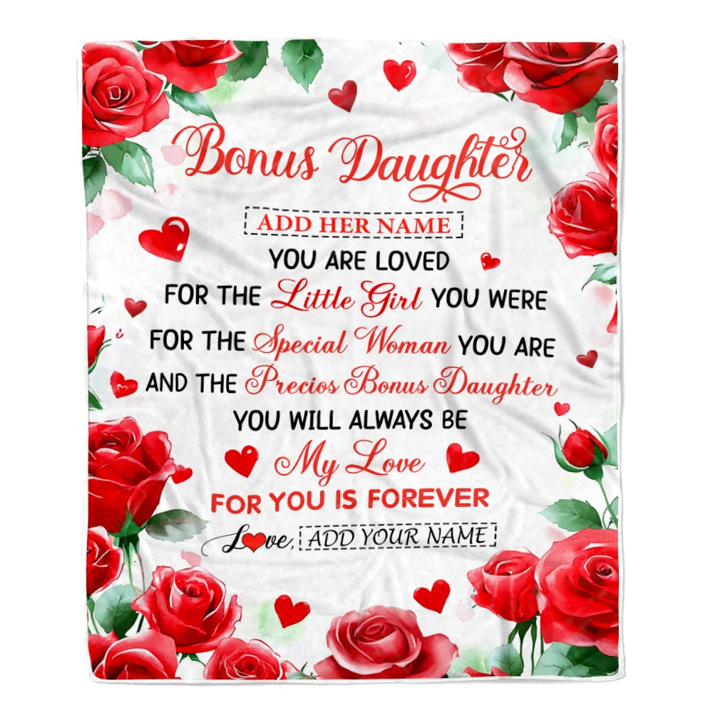 Personalized To My Bonus Daughter Gifts Blanket From Stepmom Rose Flower Present For Adult Birthday Gifts For Stepdaughter Christmas Graduation Fleece Blanket | siriusteestore