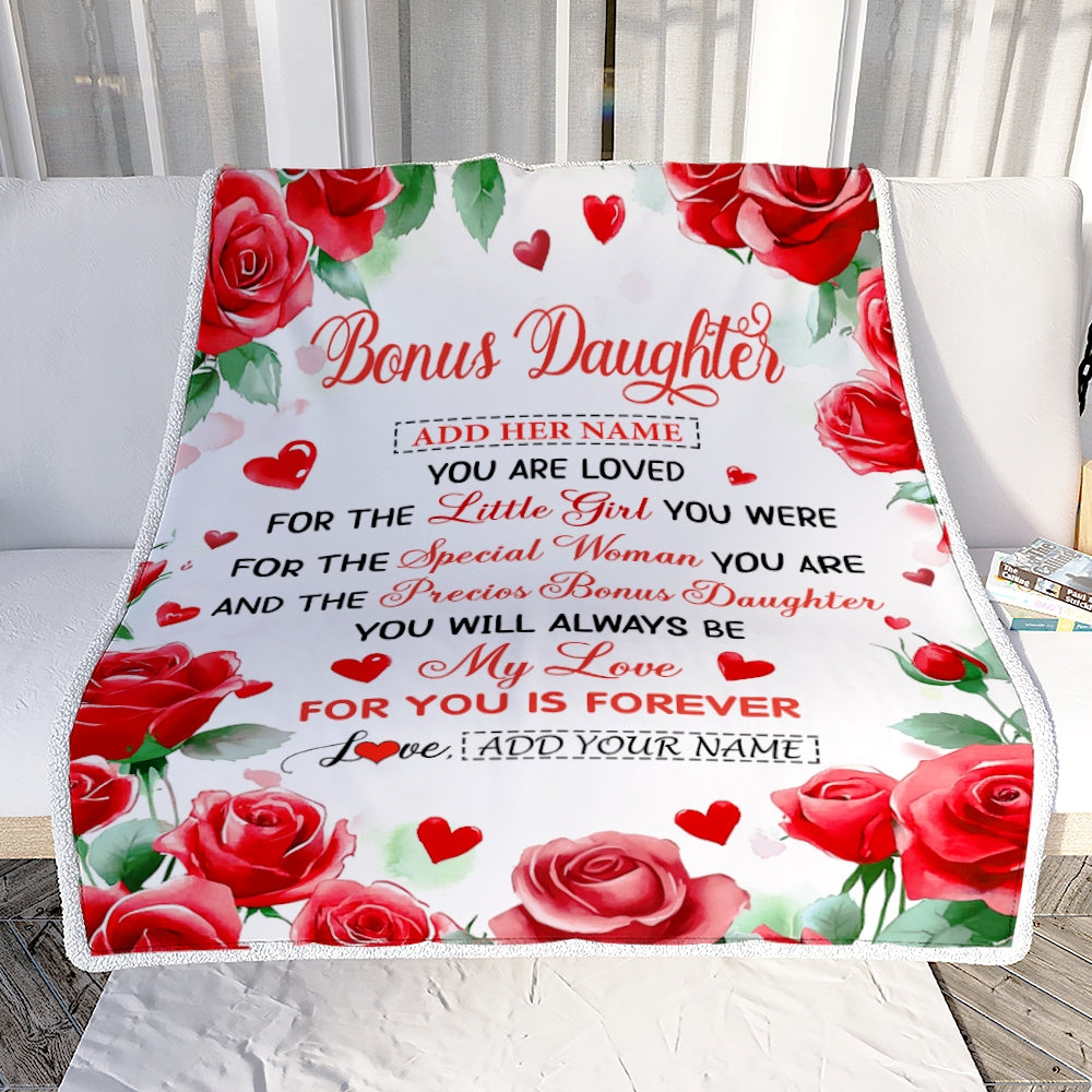 Personalized To My Bonus Daughter Gifts Blanket From Stepmom Rose Flower Present For Adult Birthday Gifts For Stepdaughter Christmas Graduation Fleece Blanket | siriusteestore