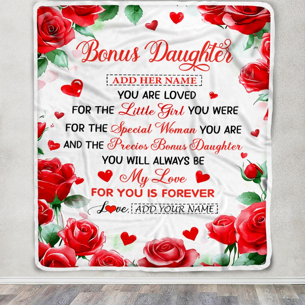 Personalized To My Bonus Daughter Gifts Blanket From Stepmom Rose Flower Present For Adult Birthday Gifts For Stepdaughter Christmas Graduation Fleece Blanket | siriusteestore