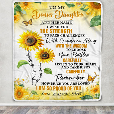 Personalized To My Bonus Daughter Gifts Blanket From Stepmom Stepdad I Wish You The Strength Sunflower Stepdaughter Birthday Gifts Christmas Fleece Blanket | siriusteestore