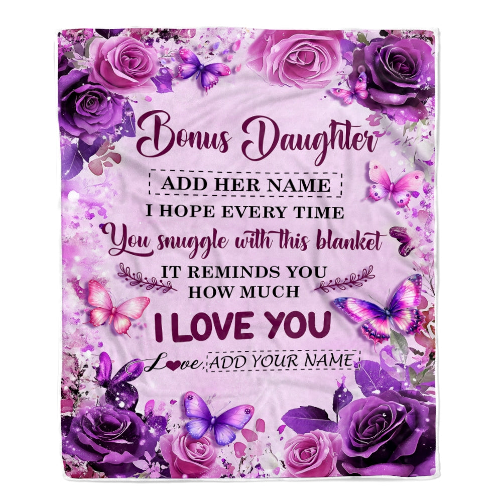 Personalized To My Bonus Daughter Gifts Blanket From Stepmom Stepdad Purple Floral Birthday Gifts For Stepdaughter Graduation Christmas Fleece Throw Blanket | siriusteestore